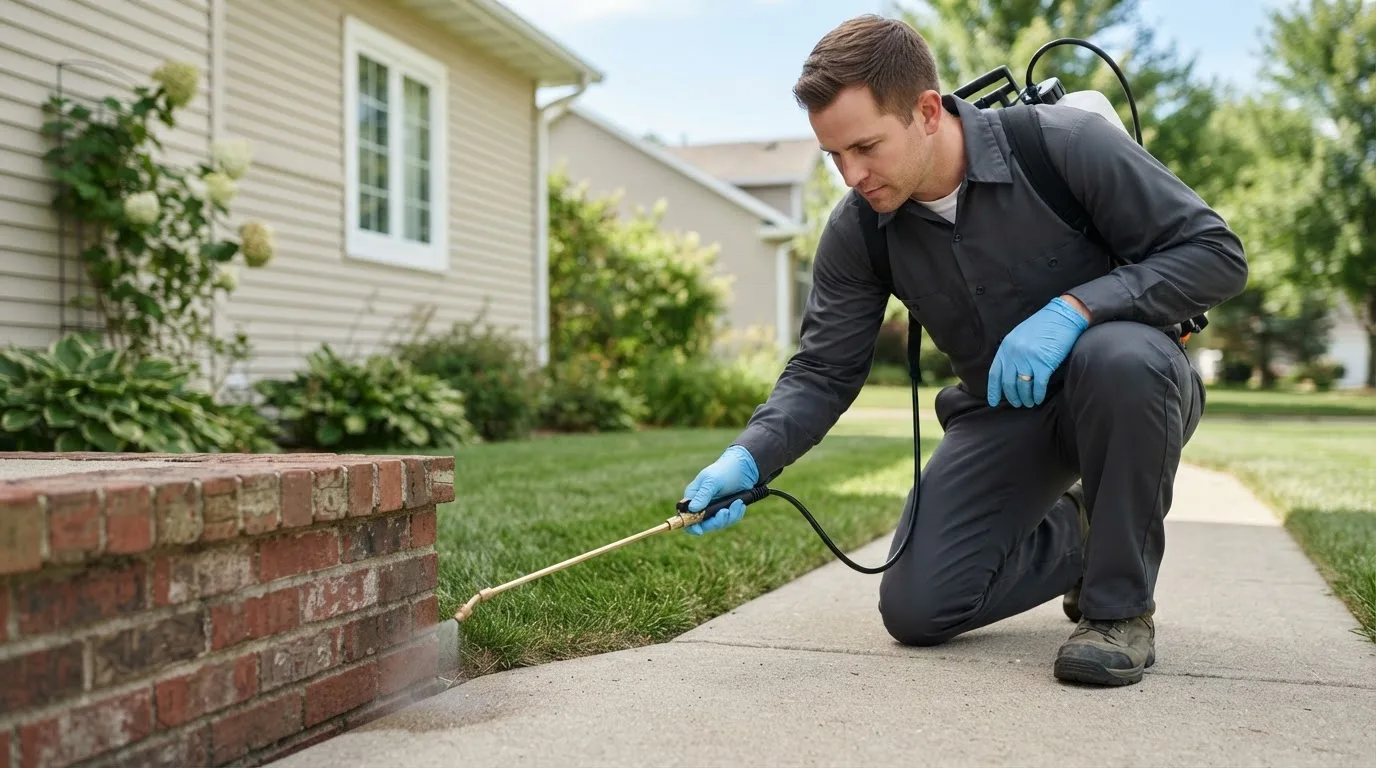 Pest control technician treating a home near Drummond, OK