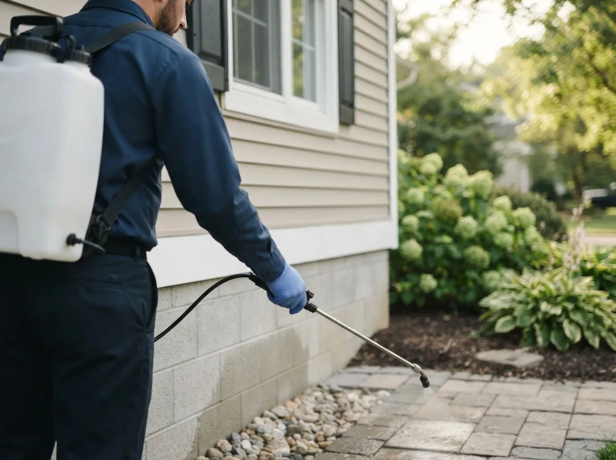 Pest control technician inspecting a home in Drummond, OK